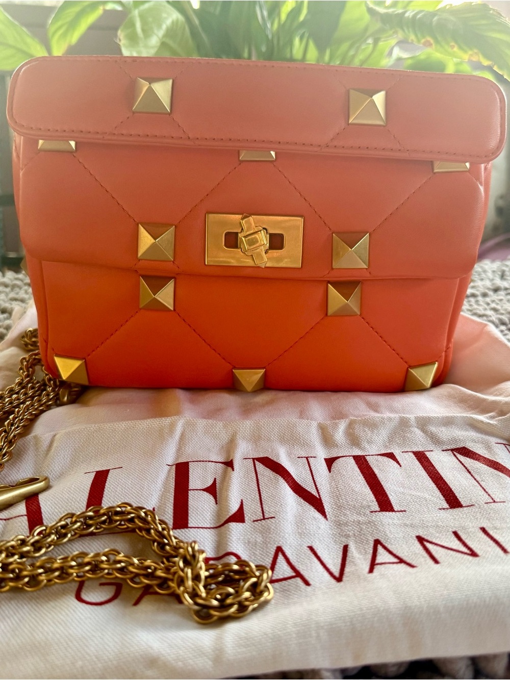 Valentino Orange Quilted Leather Shoulder Bag with Gold Pyramid Studs - Picture 8 of 8